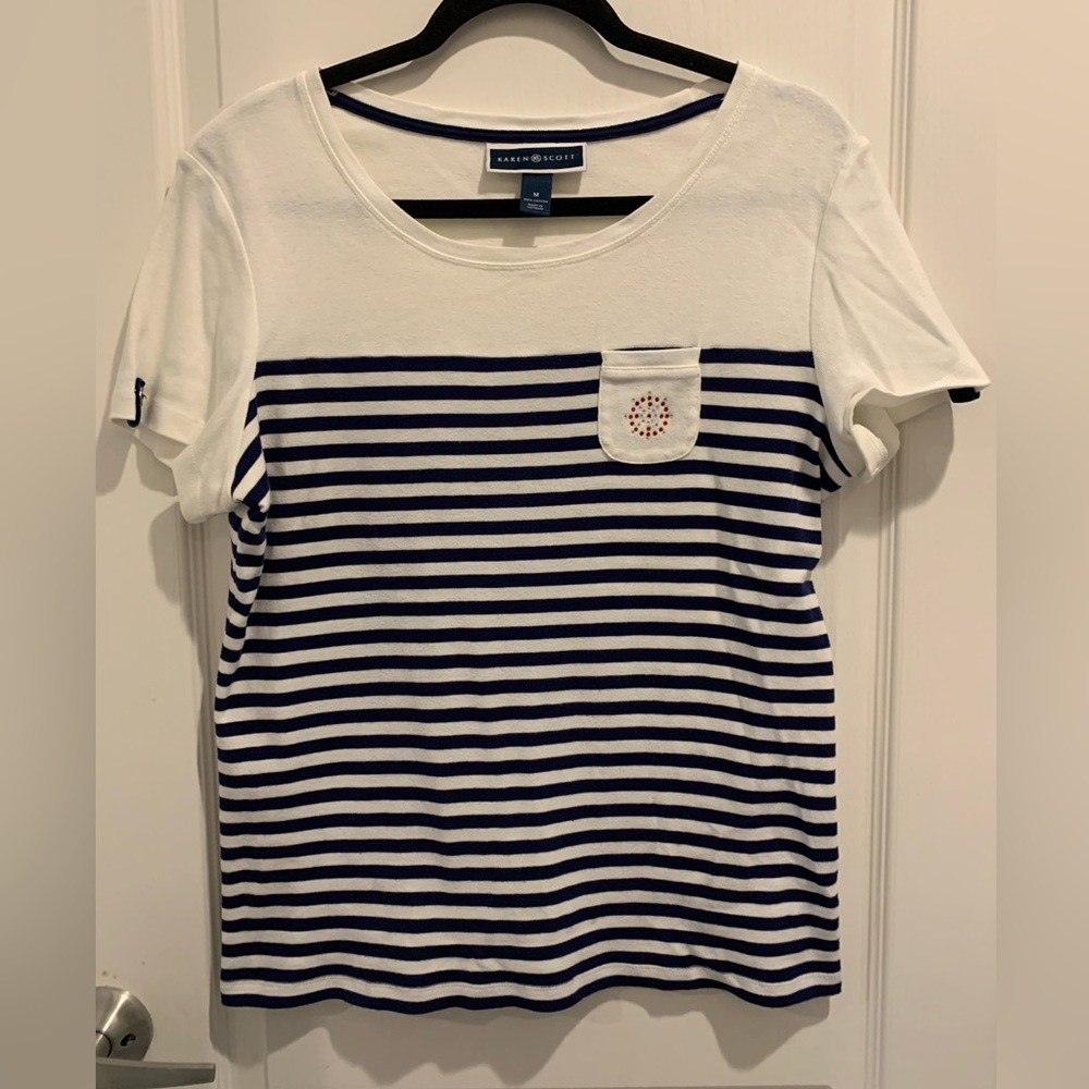 Karen Scott Women Size Medium Blue/WhiteTshirt Nautical Summer Vacation